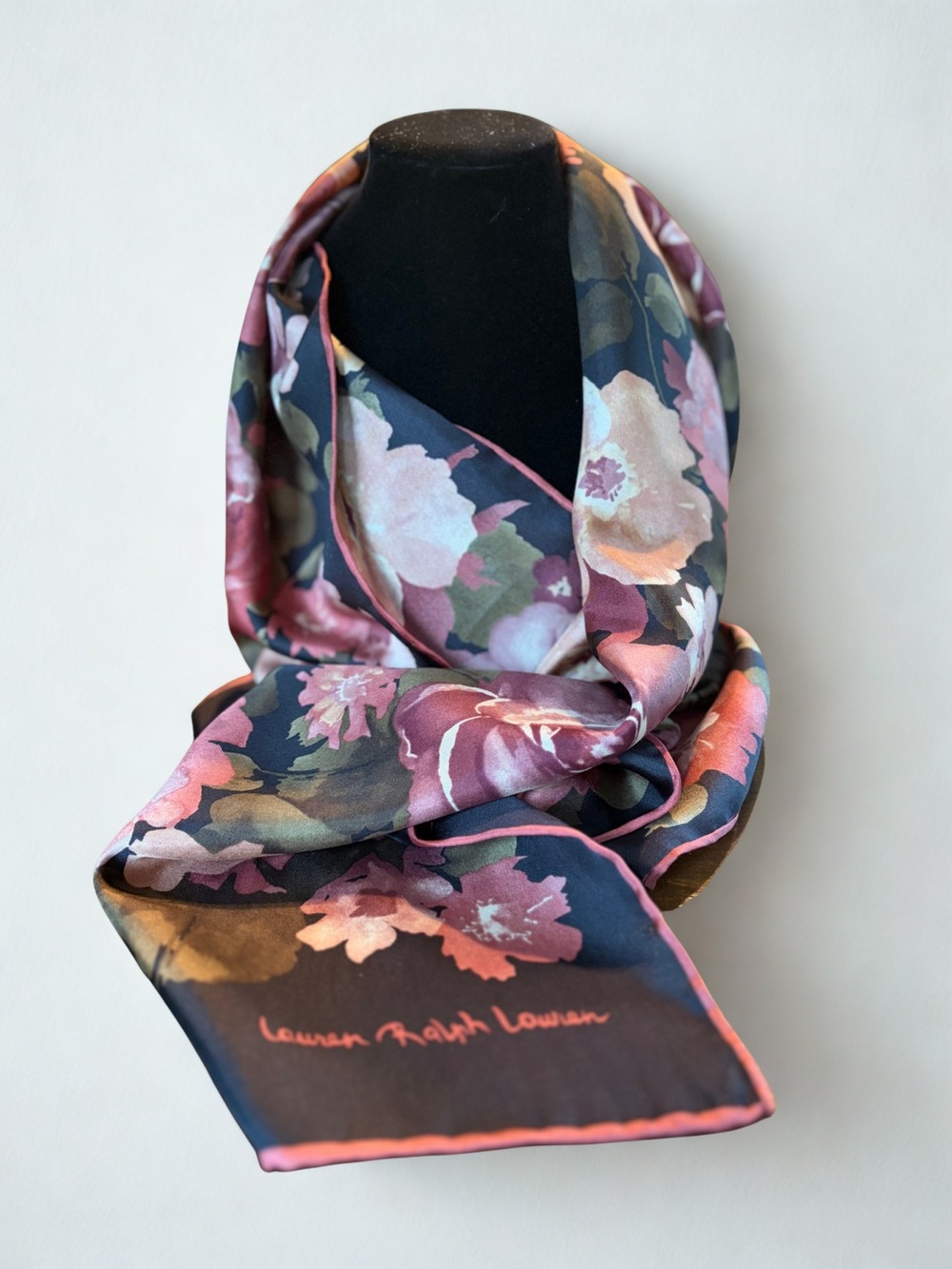 Lauren Ralph Lauren Black Floral Silk Scarf with Pink, Coral & cream Tones